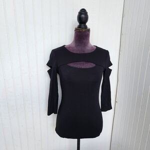 Guess Los Angeles Black Keyhole 3/4 Sleeve T-Shirt Top Cutout Size S